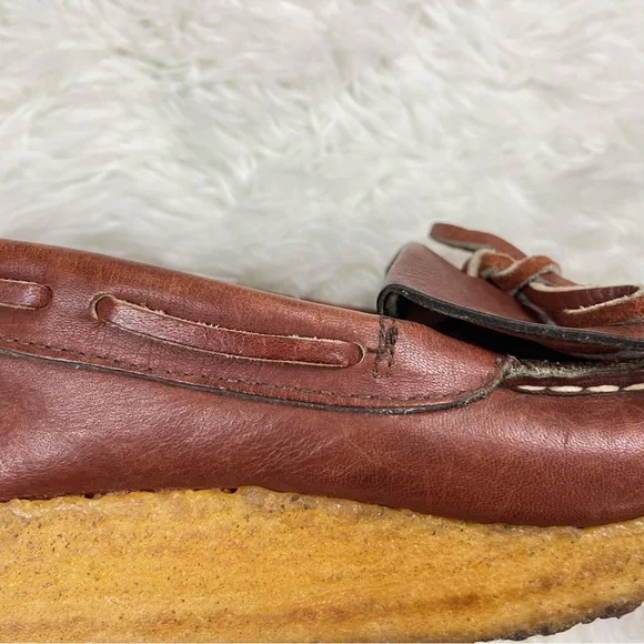 VTG 1970’s Sears Roebuck Brown Leather Thick Gum Sole Loafers w Fringe and Bow - Picture 9 of 15